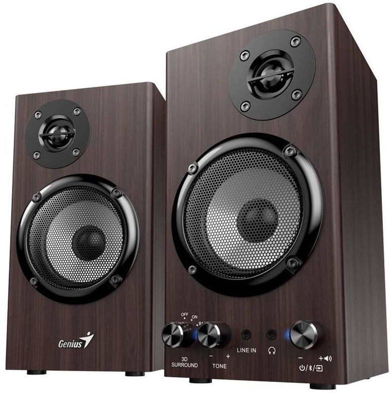 Drevené reproduktory Genius SP-HF520BT v tmavo hnedom prevedení s ovládaním na čelnej strane