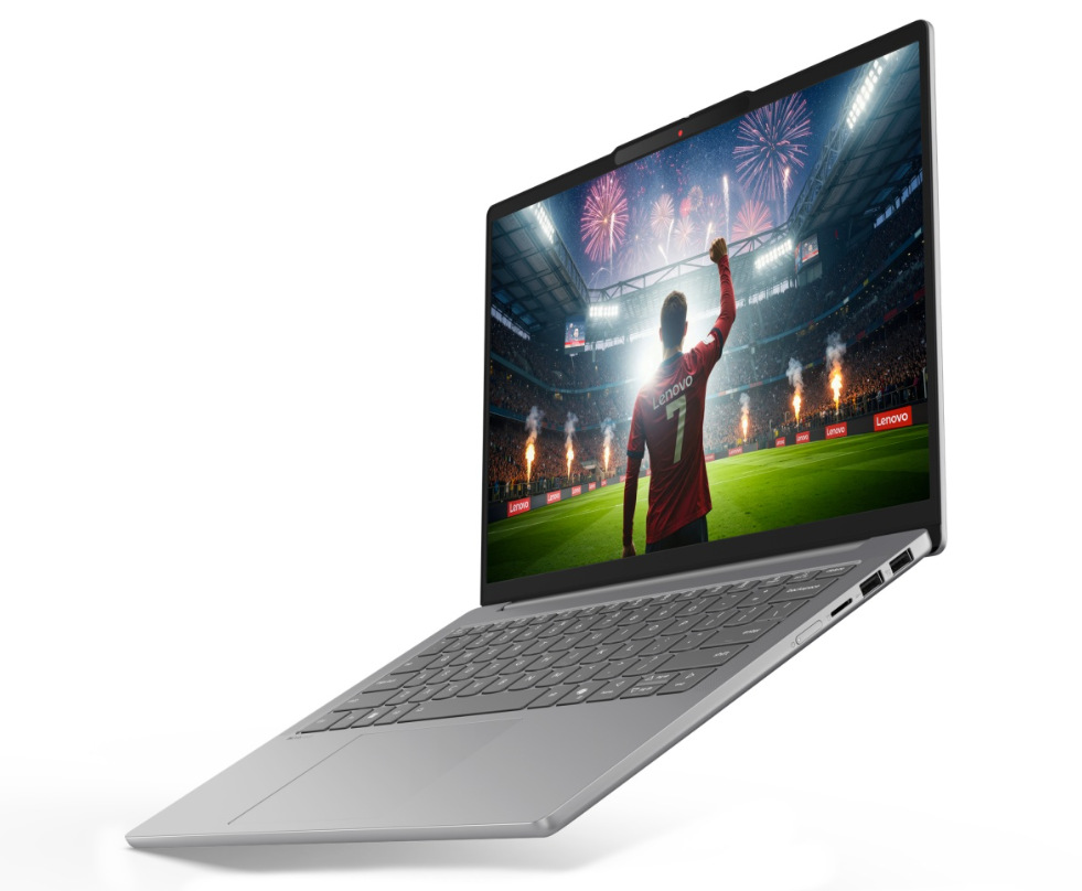 Notebook Lenovo IdeaPad Slim 5 14AHP11 sivý Otvorený a zapnutý notebook Lenovo IdeaPad Slim 5 14AHP11 otočený doľava
