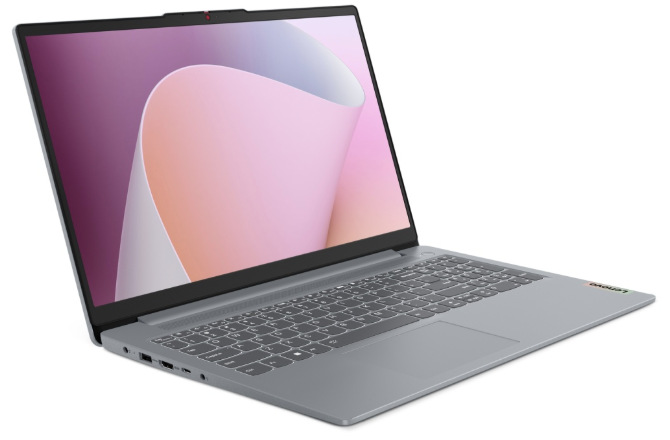 Notebook Lenovo IdeaPad Slim 3 15AMN8 sivý Sivý notebook Lenovo IdeaPad Slim 3 15AMN8 z ľavého uhla s otvoreným displejom