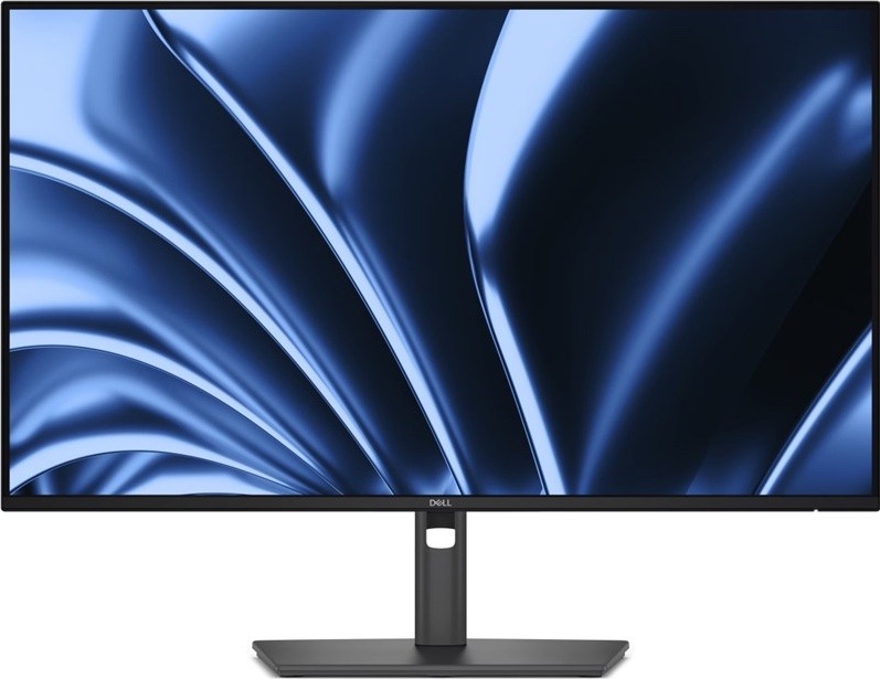 Čelný pohľad na sivý monitor Dell s tenkými rámčekmi, centrálnym stojanom a širokou obdĺžnikovou základňou.