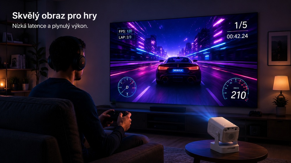 Projektor Helmer SP 700 biely Muž hrá konzolovú závodnú hru premietanú na stenu pomocou projektora Helmer SP 700″ width=