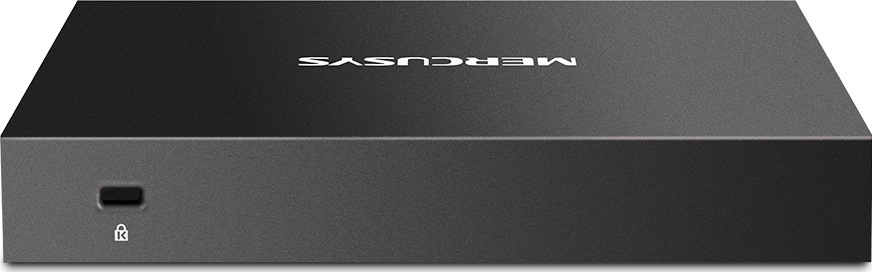 Switch Mercusys MS108GS (MS108GS) čierny Pohľad na zadnú stranu čierneho kovového switcha Mercusys s otvorom pre bezpečnostný zámok Kensington.