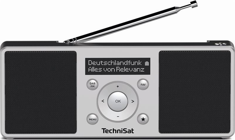 Rádioprijímač s DAB+ Technisat DIGITRADIO 1 S čierny/strieborný Čelný pohľad na rádioprijímač s dvoma symetricky umiestnenými reproduktormi. Uprostred sa nachádza OLED displej, kruhový ovládač a tlačidlá pre voľbu pásma, ponuku a predvoľby; hore je vysunutá teleskopická anténa.