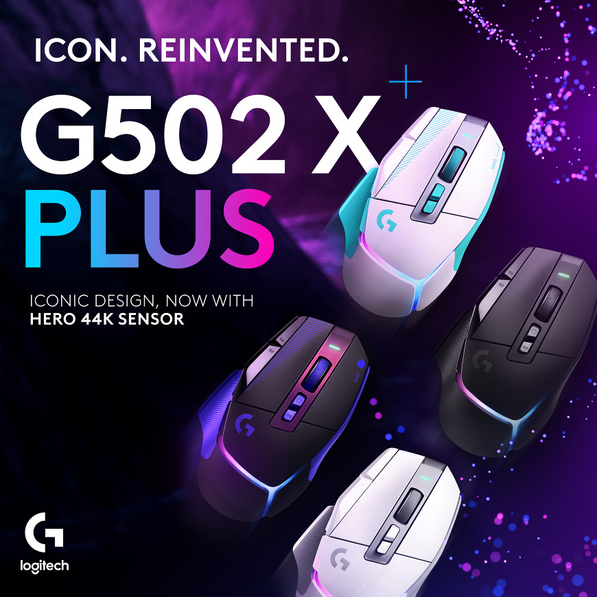 Propagačný vizuál myši Logitech G502 X Plus s niekoľkými variantmi prevedenia a textom o senzore HERO 44K