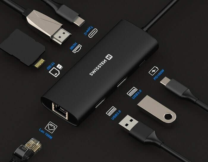 USB Hub Swissten 8-in-1 USB-C PD 100W čierny USB Hub Swissten 8-in-1 USB-C PD 100W čierny