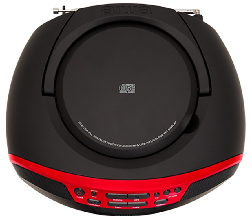 Rádiomagnetofón s DAB+/CD AIWA BBTU-500DAB červený Horný pohľad na červený rádioprijímač DAB+/CD Aiwa BBTU-500DAB