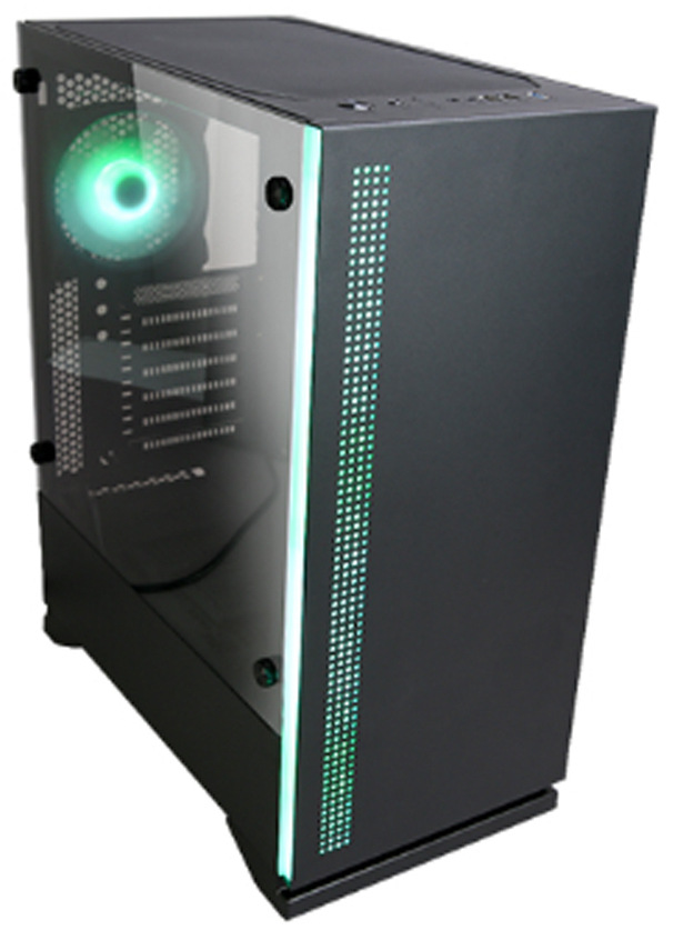 Case Zalman S5 čierna Na obrázku je PC skriňa Zalman S5, čierna zo šikmého pohľadu. Má priehľadnú bočnicu, cez ktorú je vidieť vnútro a svietiaci ventilátor (zelenomodré svetlo). Predný panel je hladký a po jeho ľavom okraji vedie úzky zvislý svetelný prúžok, vedľa ktorého je zvislý pás drobných otvorov na nasávanie vzduchu. Hore sú vidieť porty a tlačidlá na hornom paneli a skriňa stojí na nízkych nôžkach.