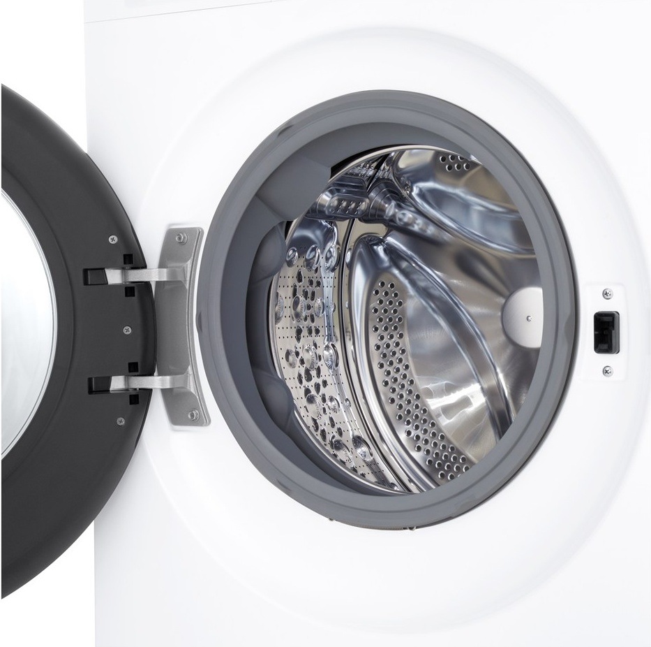 Práčka LG F4X5013TLC biela Detail bubna s otvoreným vekom a nerezovými lopatkami