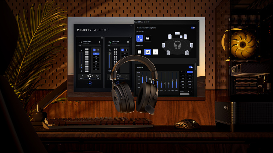 Headset ENDORFY VIRO Wireless čierny Headset ENDORFY VIRO Wireless v čiernom prevedení zobrazený pred monitorom s aplikáciou na nastavenie zvuku a ekvalizéra