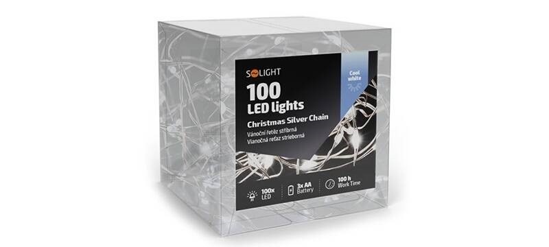 Vianočné osvetlenie Solight reťaz strieborný, 100x mini LED, 10m, 3 x AA, studená biela