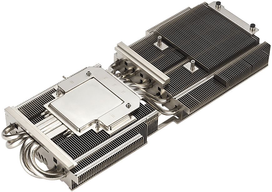 Detail chladiča grafickej karty Asus ROG Strix RTX 5070 Tí s masívnymi rebrami a heatpipe"