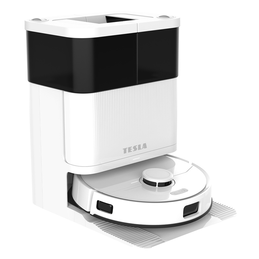Robotický vysávač Tesla RoboStar iQ900 Ultra v nabíjacej stanici natočený doprava