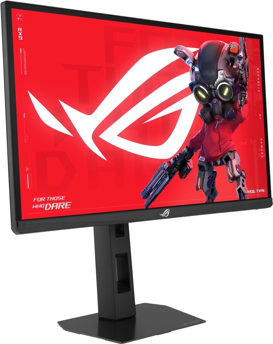 Herný monitor Asus ROG Strix XG248QSG Ace čierny Na obrázku je herný monitor ASUS ROG Strix z predného šikmého pohľadu. Monitor má čierny tenký rámček, širokouhlý displej a výškovo nastaviteľný stojan s plochou hranatou základňou. Na obrazovke je výrazná červená grafika s veľkým bielym logom ROG a futuristickou hernou postavou. Logo ROG je tiež na spodnej lište monitora. Celkovo monitor pôsobí ako rýchly herný model s výrazným designom Republic of Gamers.