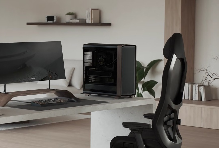 Case FRACTAL DESIGN Summit Black TG Light Tint čierna FRACTAL DESIGN Summit Black TG Light Tint s presklenou bočnicou umiestnená na pracovnom stole
