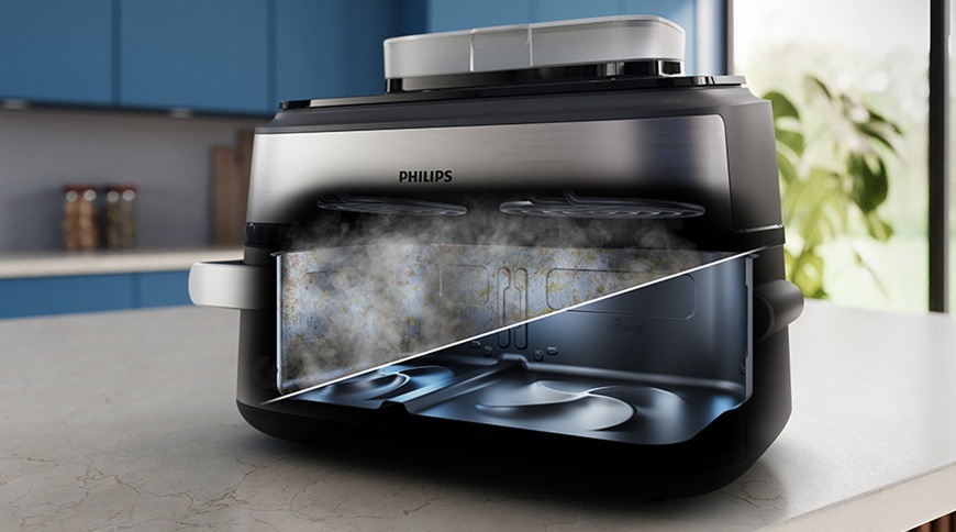 Grafický prierez multifunkčnej fritézy Philips NA565/02 aj s jej ľahkým čistením.