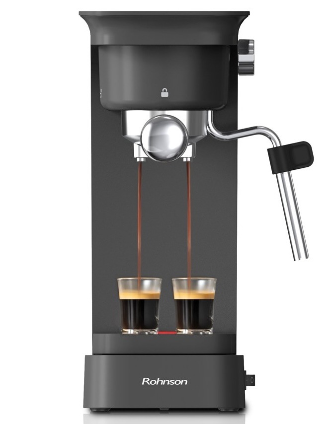 Pákový kávovar Rohnson R-98026 čierny Pákový kávovar z čelnej strany pripravujúci dve espressá súčasne