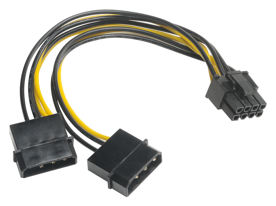 Adaptér AKASA 2x 4P Molex male na 6+2P PCIe female čierny AKASA 2x 4P Molex male na 6+2P PCIe female je kompatibilný so 6 aj 8pinovými vstupmi grafických kariet