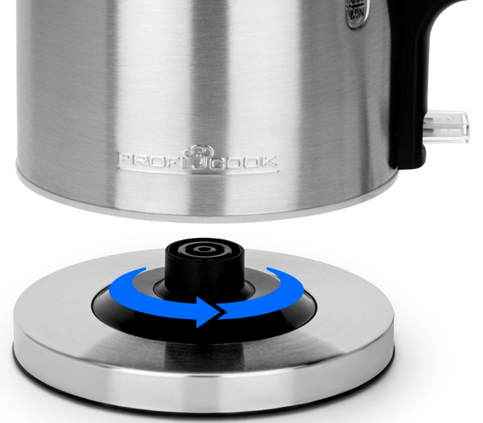 Rýchlovarná kanvica Profi Cook WKS 1321 nerez Detail stredového konektora otočnej základne 360° kanvice ProfiCook WKS 1321″ width=