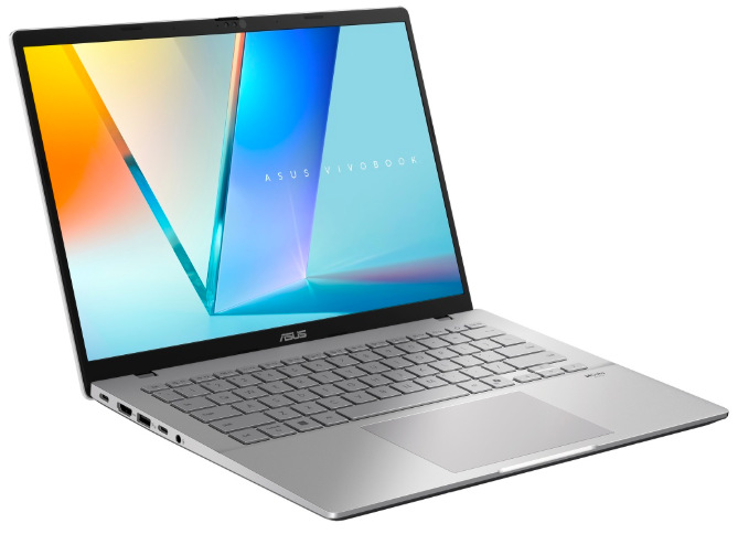 Otvorený ASUS Vivobook S14 v striebornom prevedení s pohľadom na ľavú stranu