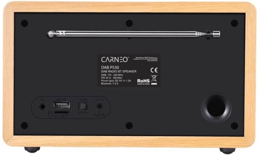 Rádioprijímač s DAB+ Carneo P530 hnedý Zadná strana rádioprijímača DAB+ CARNEO P530 v hnedom dizajne