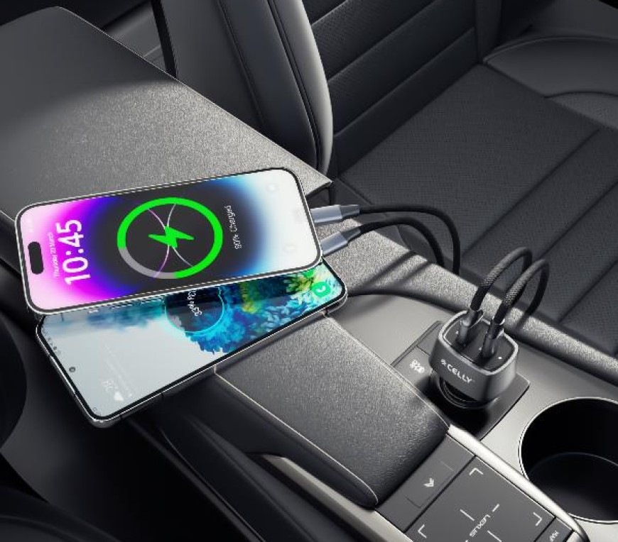 Adaptér do auta Celly USB-C/USB-A, 65 W čierny Adaptér do auta Celly USB-C/USB-A s výkonom 65 W inštalovaný v interiéri auta
