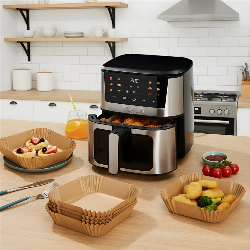 Papierové formy Tesla AirCook QB2058 (100 ks) béžová Papierové formy Tesla AirCook QB2058 inštalované v teplovzdušnej fritéze