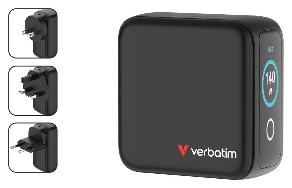Cestovný adaptér Verbatim Mini GaN LCD, 3x USB-C PD 140 W, 1x USB-A QC 3.0, černá čierny Verbatim Mini GaN LCD, 3× USB-C PD 140 W, 1× USB-A QC 3.0, čierna