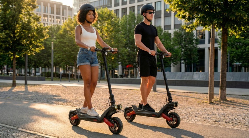 Elektrická kolobežka Sencor SCOOTER X40 čierna Dvojica jazdcov na elektrických kolobežkách Sencor SCOOTER X40 pri jazde mestským parkom.