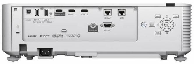 Projektor Epson EB-L690U biely Zadný panel projektora Epson EB-L690U s konektormi HDMI, HDBaseT, LAN, USB a audio výstupom