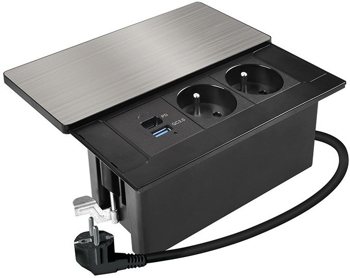 Zásuvkový modul Solight 2 zásuvky, USB-A, USB-C, PD 65W s posuvným krytom a 2metrovým káblom