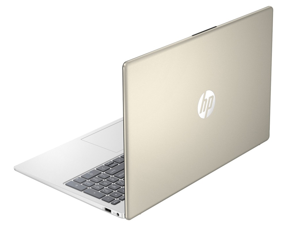 Notebook HP 15-fd1603nc + Game Pass predplatné na 3 mesiace strieborný/zlatý Notebook HP 15-fd1600nc otvorený a otočený zozadu