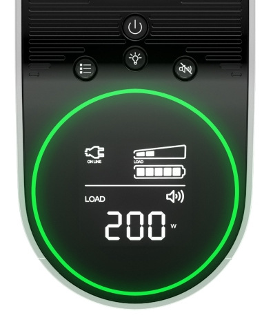 Na obrázku je detail horného ovládacieho panelu záložného zdroja APC Pro 2200VA for Gaming. Dominantný je okrúhly LCD displej s jasne zeleným svietiacim prstencom po obvode. Na displeji sú ikony režimu online, ukazovateľ záťaže a stavu batérie a veľké číslo „200 W“, ktoré ukazuje aktuálny odber. Nad displejom sú tri malé tlačidlá a úplne hore je tlačidlo napájania.