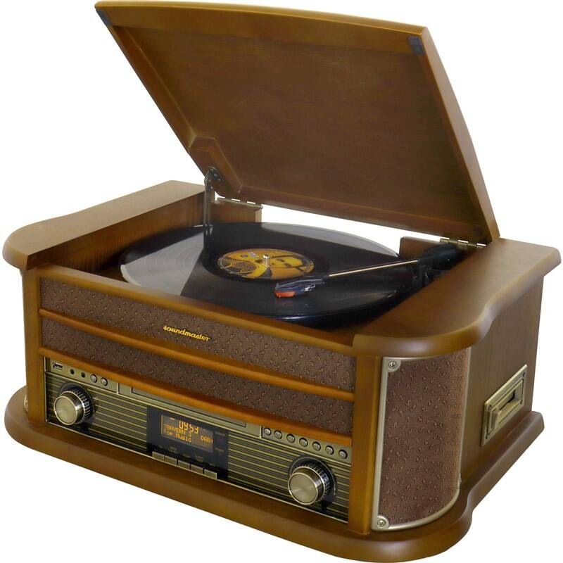 retro hudobné centrum s gramofónom a rádio tunerom Soundmaster NR565DAB v drevenom dekore