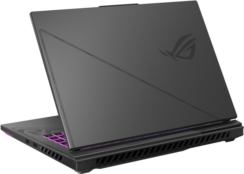 Zadný pohľad na notebook ASUS ROG Strix G16 s výrazným logom ROG a chladením