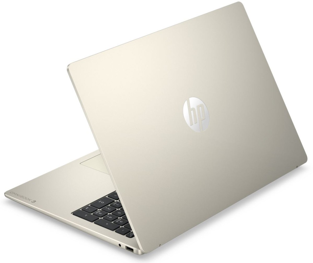 Notebook HP + Game Pass predplatné na 2 mesiace zlatý Zadný pohľad na notebook HP OmniBook 3 s logom HP na veku