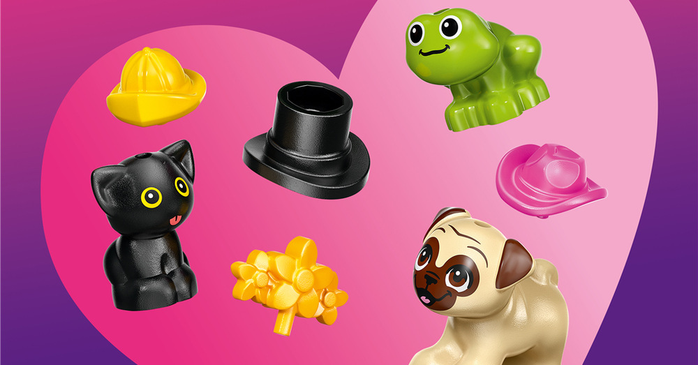 Stavebnica LEGO® Friends 42678 Dodávka s doplnkami pre maznáčikov Psík, mačiatko a žabka môžu vďaka rôznym klobúkom a venci predviesť vlastnú módnu prehliadku.