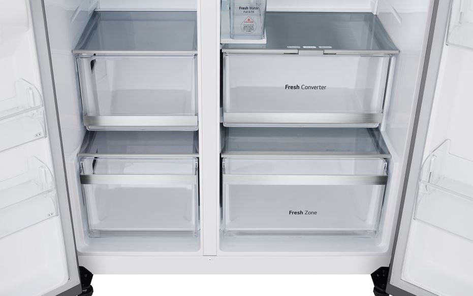 Americká chladnička LG GSLE81PYBC nerez detail na zásuvky Fresh converter a fresh zone, ktoré sú vhodné na uloženie citlivejších potravín. Chladnička je prázdna