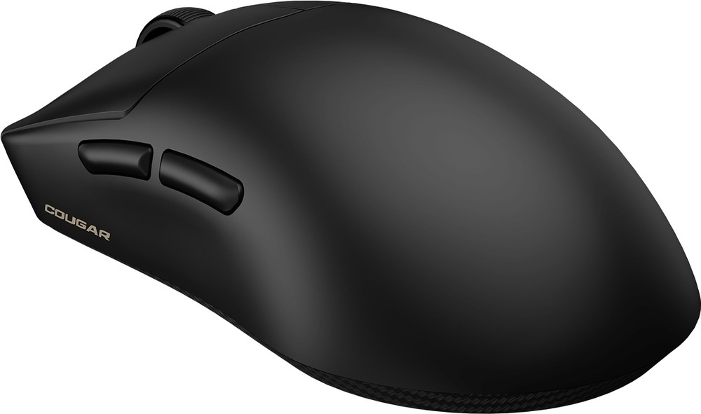 Myš Cougar Revenger PRO 4K čierna Na obrázku je čierna bezdrôtová herná myš Cougar Revenger PRO 4K z bočného pohľadu. Má výrazne klenutý ergonomický tvar pre pohodlné opretie dlane a matný čierny povrch. Na ľavom boku sú dve programovateľné tlačidlá pre palec a pod nimi malé logo Cougar. V spodnej časti je vidieť štruktúrovaný protišmykový povrch pre istejšie držanie.