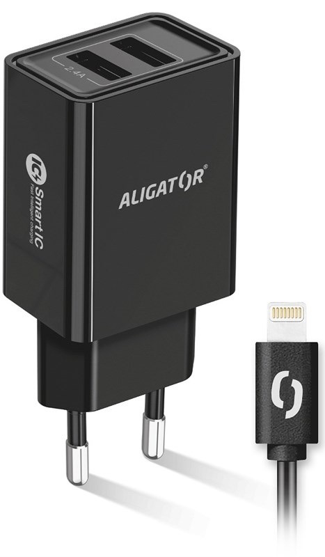Nabíjačka do siete Aligator 2,4A, 2xUSB, smart IC, USB kábel pre Apple čierna