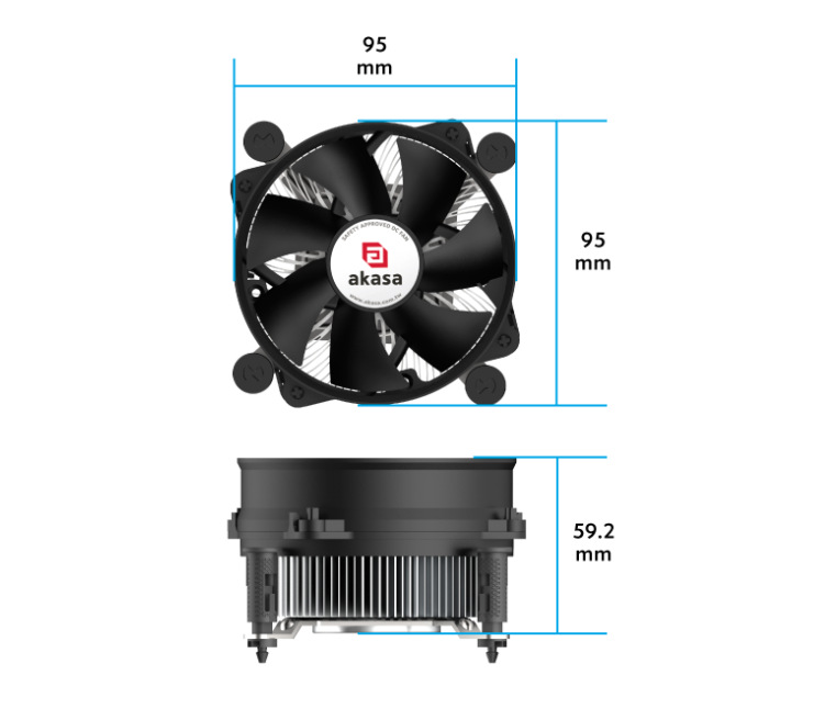 Chladič CPU AKASA Lo-Noise Intel LGA1700 Cooler, 77 W TDP hliník AKASA Lo-Noise Intel LGA1700 Cooler je krásne kompaktný