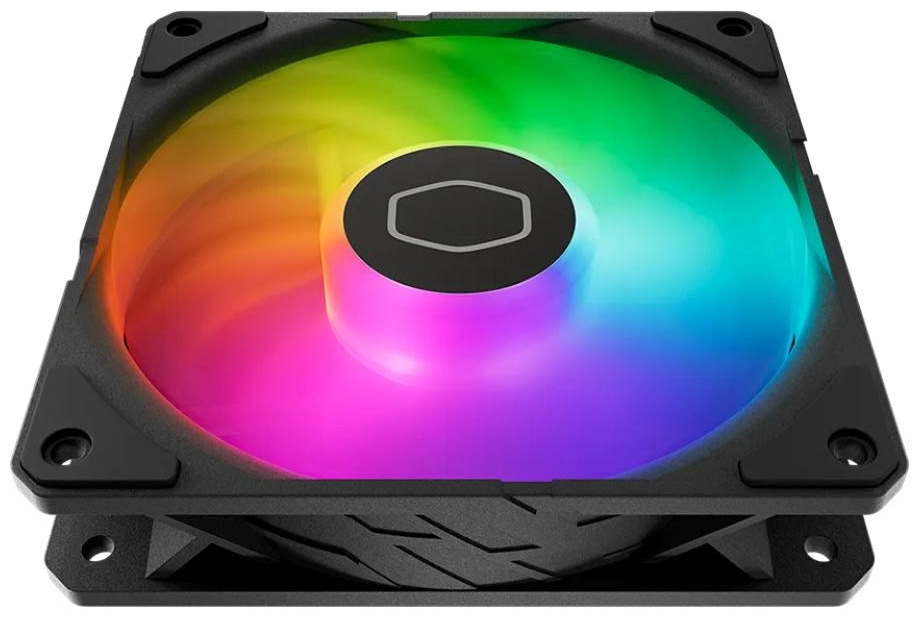 Ventilátor Cooler Master SickleFlow Edge 120 ARGB, PWM čierny Na obrázku je ventilátor Cooler Master SickleFlow Edge 120 ARGB, PWM z nízkeho bočného uhla. Je to čierny štvorcový ventilátor so štyrmi montážnymi otvormi v rohoch. Vnútri sú priesvitné lopatky, ktoré svietia dúhovými farbami (zelená, žltá, oranžová, ružová, modrá), takže plocha ventilátora pôsobí ako farebný kruh. Uprostred je okrúhly čierny stred s jednoduchým symbolom. Zospodu je vidieť zdobenú bočnú časť rámu s geometrickým vzorom, ktorá ventilátoru dodáva „robustnejší“ vzhľad.
