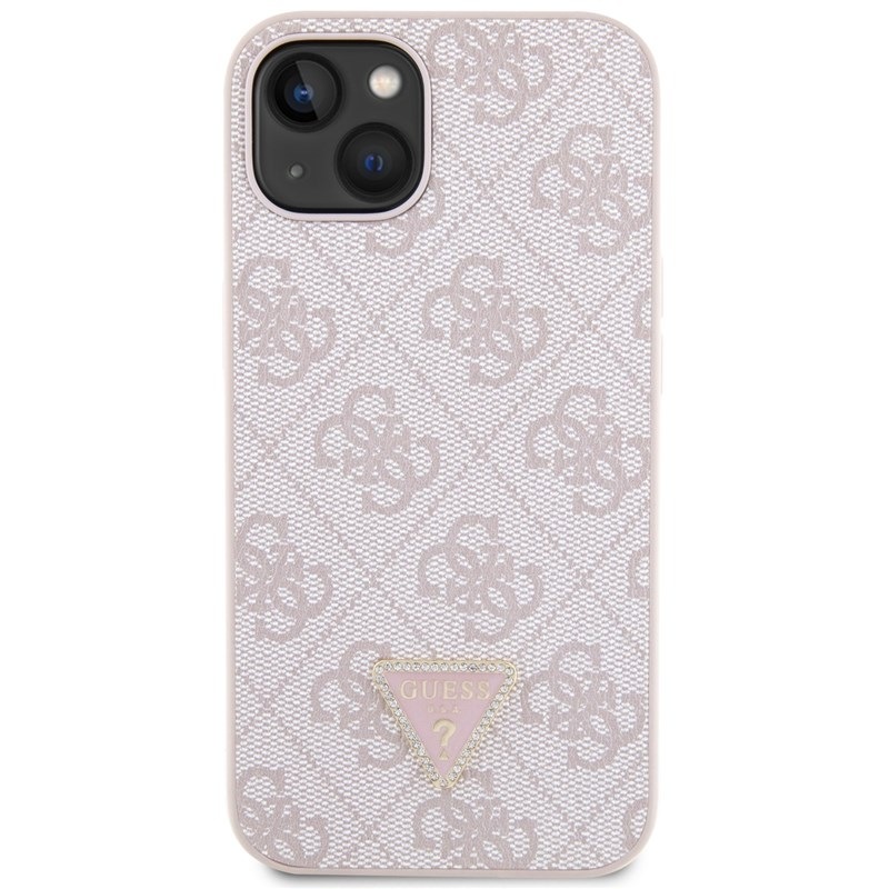 Kryt na mobil Guess 4G Strass Triangle Metal Logo na Apple iPhone 15 ružový