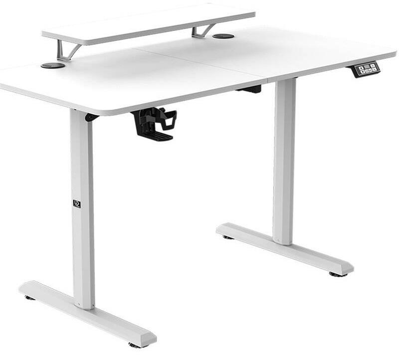 biely elektrický výškovo nastaviteľný stôl ULTRADESK Highlander s policou na monitor a ovládacím panelom