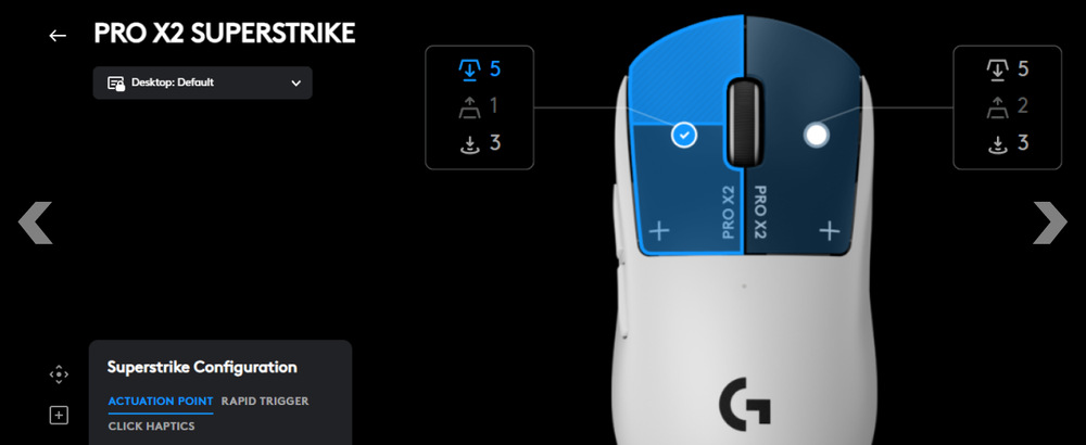 Myš Logitech G PRO X 2 Superstrike biela Pohľad na hornú časť myši s vyzdvihnutím možností prispôsobenia tlačidiel v aplikácii G HUB a uložením profilu do internej pamäte