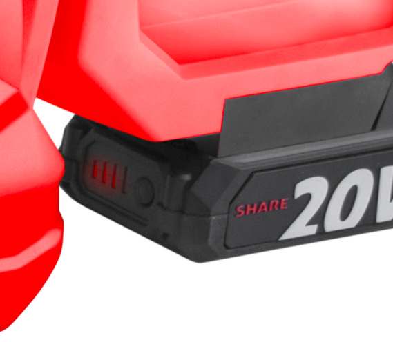 Nožnice na živý plot Extol Premium 8891932 (s baterií) Detail Li-ion batéria EXTOL SHARE20V s indikátorom nabitia u nožníc Extol Premium 8891932″ width=