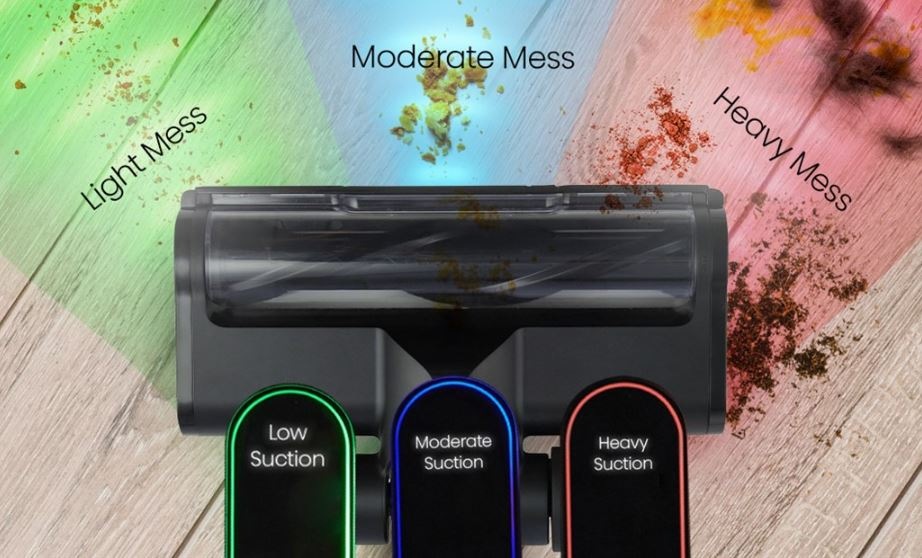 Tyčový vysávač Hisense HVC646630A Hi-Move VI Adapt InverterTech čierny farebné indikátory zobrazujú intenzitu vysávania: sú vidieť zelene, modre a červené časti.