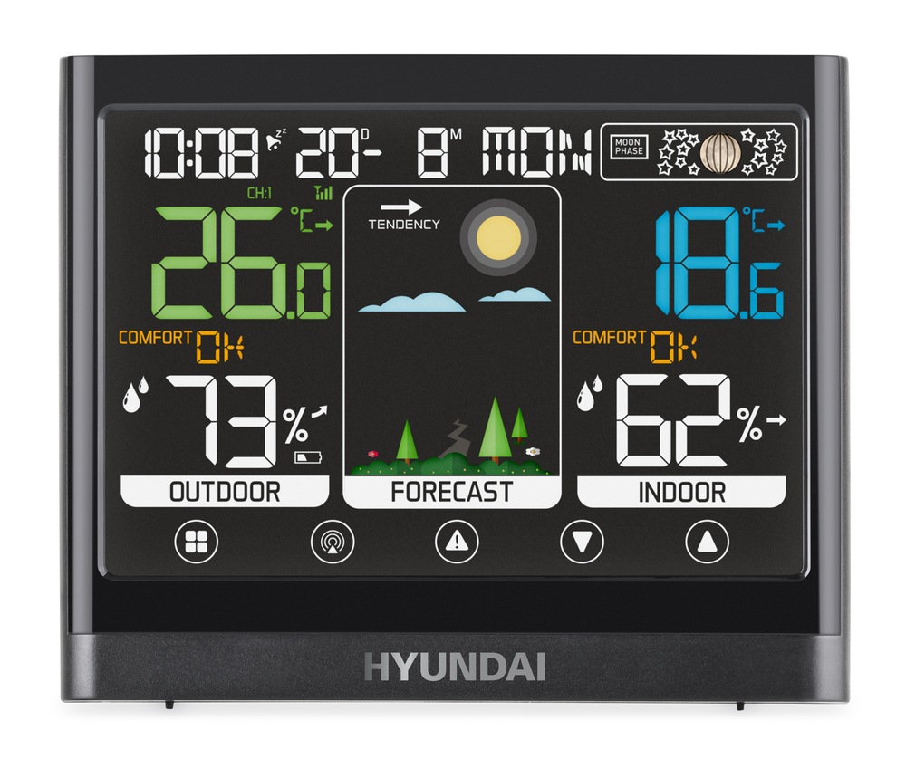 Čelný pohľad na displej metostanice Hyundai WS 2450, ktorý prehľadne zobrazuje informácie