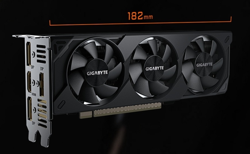 Grafická karta GIGABYTE GeForce RTX 5060 OC Low Profile 8G Ukážka rozmerov 182 mm kompaktnej grafickej karty GIGABYTE RTX 5060 OC Low Profile