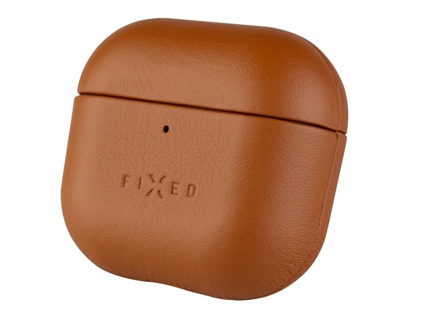 Kožené puzdro FIXED PodsLeather pre Apple AirPods 4 v hnedom prevedení.