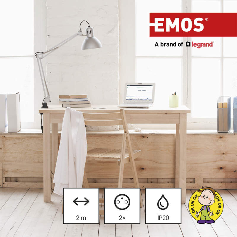 Kábel predlžovací EMOS 2x zásuvka, 2×USB-A + 1×USB-C, 2m biely Kábel predlžovací EMOS 2x zásuvka, 2×USB-A + 1×USB-C, 2m biely